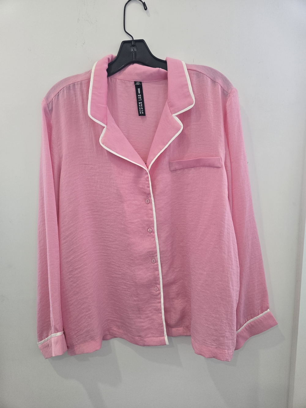 Pink Satin-Style Button-Up Pajama Shirt with White Piping